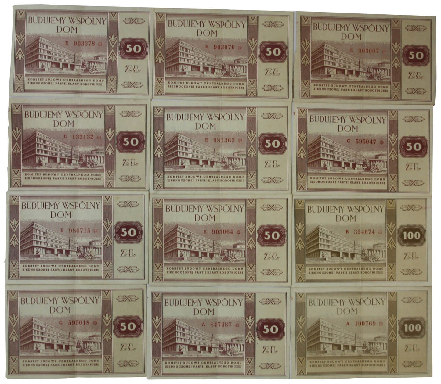 Lot: 12 x PRL BUDUJEMY WSPÓLNY DOM, 10x cegiełka 50 zł + 2x cegiełka 100 zł