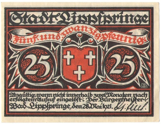 25 Pf banknot zastępczy Lippspringe 1921
