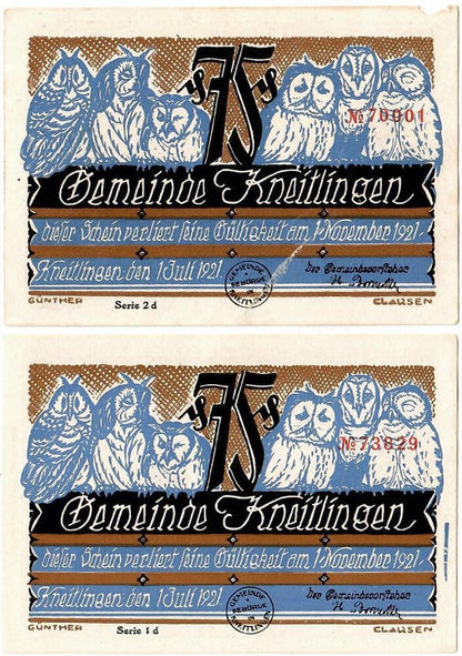 2x75 fenigów banknoty zastępcze Powiat Kneitlingen 1921