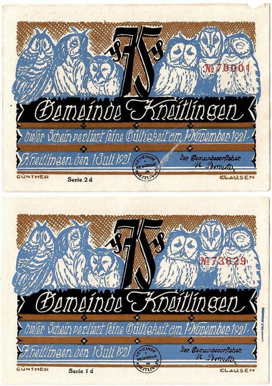 2x75 fenigów banknoty zastępcze Powiat Kneitlingen 1921