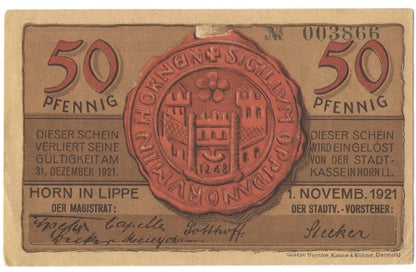 50 Pf banknot zastępczy Horn in Lippe 1921