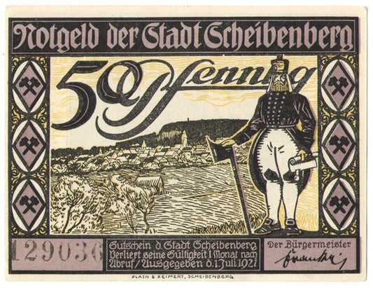 50 Pf banknot zastępczy miasto Scheibenberg 1921