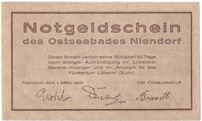 50 Pf banknot zastępczy Notgeldschein des Ostseebades Niendorf 1