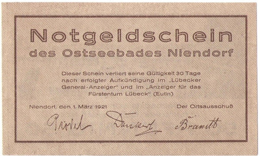 50 Pf banknot zastępczy Notgeldschein des Ostseebades Niendorf 1