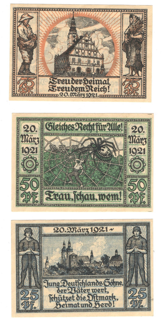 Banknoty zastępcze (notgeldy) Głogówek (Oberglogau), 3 sztuki