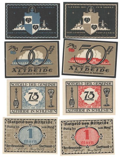 Banknoty zastępcze (notgeldy) Polanica Zdrój (Altheide), 8 sztuk