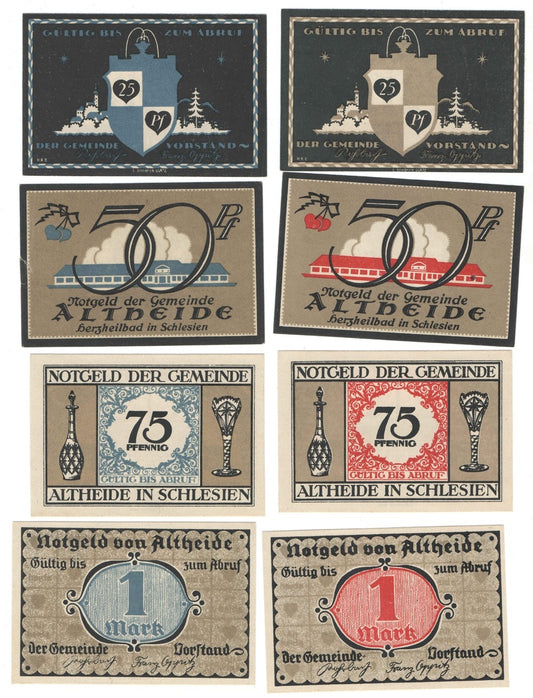 Banknoty zastępcze (notgeldy) Polanica Zdrój (Altheide), 8 sztuk
