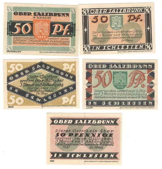 Banknoty zastępcze (notgeldy) Szczawno-Zdrój (Bad Salzbrun), 5 sztuk