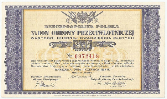 Bon obrony przeciwlotniczej na 20 złotych 1.06.1939, stan 1-