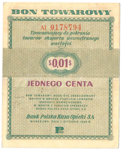 Bon towarowy 1 cent 1960, seria AI, stan 3+, b. ładny