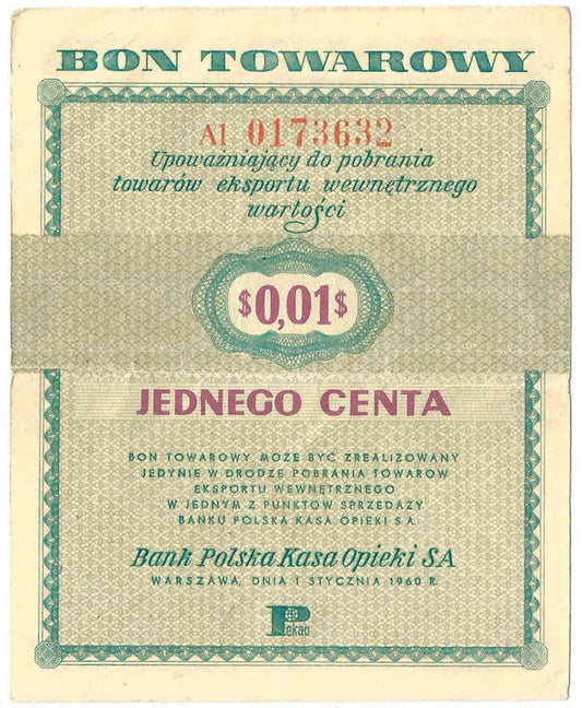 Bon towarowy 1 cent 1960, seria AI, stan 3, ładny