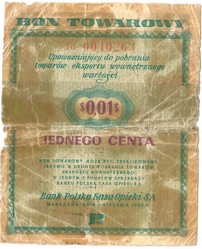 Bon towarowy 1 cent 1960, seria BI, stan 5