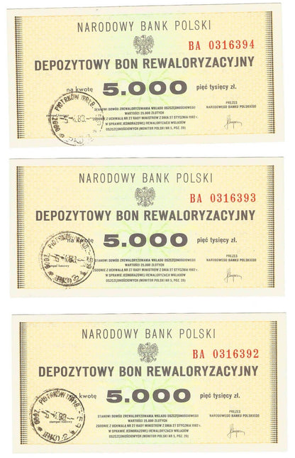 Lot: 3 x depozytowy bon rewaloryzacyjny na 5.000 złotych, 1982