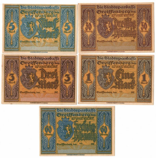 Lot: 5 x Notgeldy Gryfów śląski, 30,60 f, 1,3,5 m