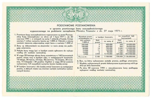 PKO Premiowy Bon Oszczędnościowy 250 zł 1971 rok